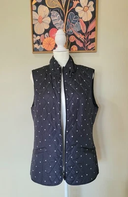 Chaleco acolchado negro Talbots lunares blancos para mujer talla mediana bolsillos cremallera completa Foto 1 de 4