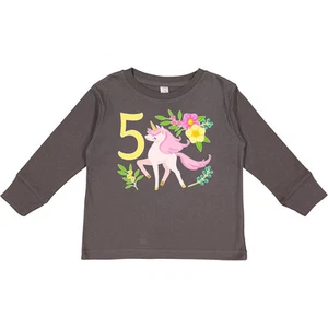 Inktastic Fifth Birthday Pink Unicorn With Flowers Toddler Long Sleeve T-Shirt - Picture 1 of 8