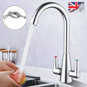 Modern Kitchen Mono Sink Mixer Tap Chrome Plating Twin Lever Swivel Spout Faucet - Picture 1 of 14