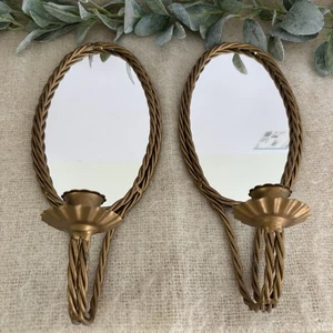 2 Applique vintage tono oro corda intrecciata ottone metallo portacandele specchiate - Foto 1 di 6