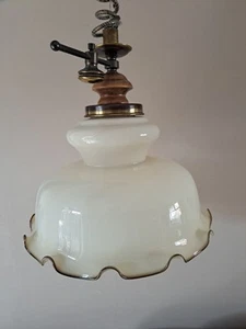 Vintage Retro Rise & Fall Pull Down Huge Glass Ceiling light Wood Handle Italy - Picture 1 of 12