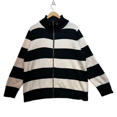 Chaps Womens Full Zip Sweater Size 3X Black White Striped Rib Knit Mock Neck Y2K - Image 1 of 4