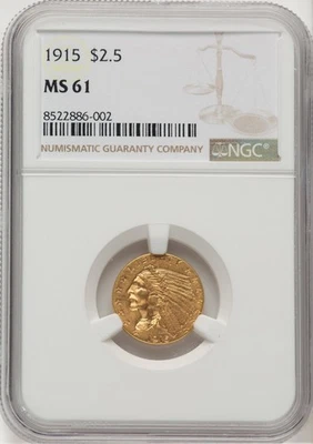 1915 INDIAN HEAD $2.5 QUARTER EAGLE GOLD NGC MS61 - Image 1 of 4
