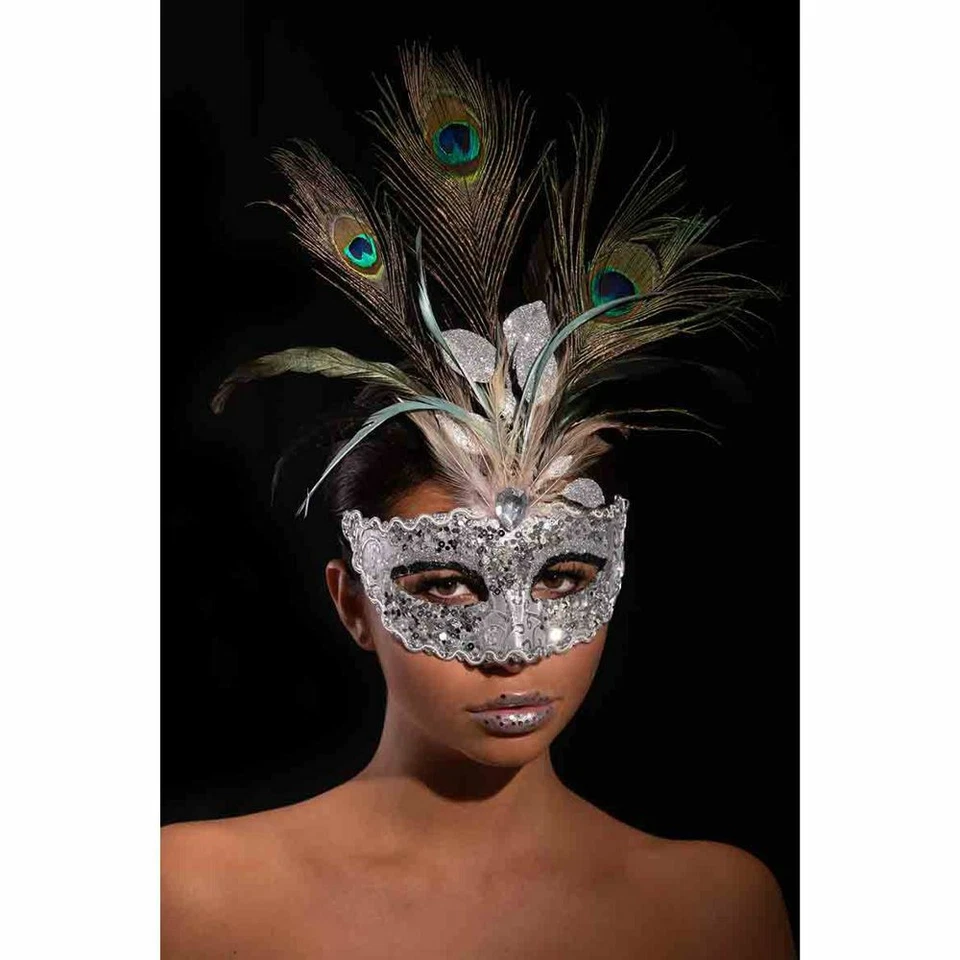 01293-1 MASCHERA PREZIOSA ARGENTO CON GLITTER PIUME PAVONE CARNEVALE HALLOWEEN  - Immagine 1 di 1