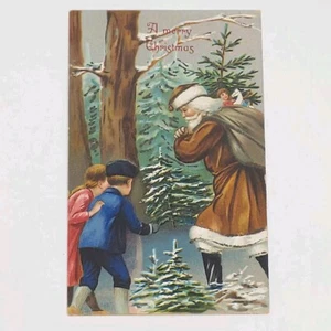 Weihnachtsmann mit Bäumen antike Weihnachts Postkarte geprägt Anfang 1900 - Bild 1 von 3