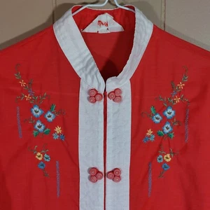 Jodie Arden Nightgown Size Small VTG Red Asian Style Embroidered Flowers Buttons - Picture 1 of 9