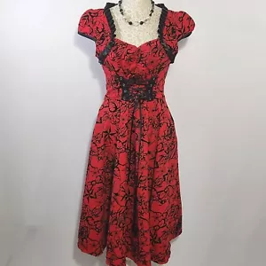 Hearts & Roses London Women Red Flocked Victorian Evening Swing Dress US Size 8 - Picture 1 of 17