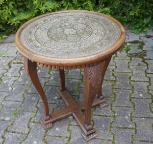 Orient Messing Holz Tisch Teetisch Holz mit Messingplatte ø 61 cm - Bild 1 von 10
