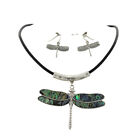 Abalone On Silver Tone Dragonfly Pendant Black Cord Necklace & Earring Set