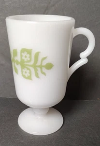 Vintage White Milk Glass Pedestal Cup Mug Green Floral Design Coffee Tea 4.75" - Picture 1 of 7