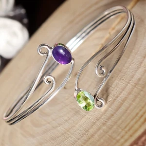 Amethyst, Peridot Cut Gemstone Bracelet 925 Sterling Silver Cuff Birthday Bangle - Picture 1 of 6