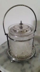 Victorian era Engraved Glass Biscuit or Cracker Jar in Metal Stand - Picture 1 of 5