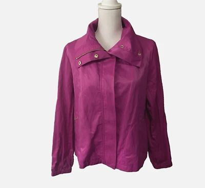 Talbots Rain Jacket Womens Sz 14P Fuchsia Zip Snap Front Pockets Nylon Blend - Image 1 of 4