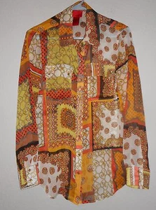 V CRISTINA SEMI Sheer Blouse Button Front MULTI-GRAPHICS PATCHWORK! NICE!! - Imagen 1 de 6