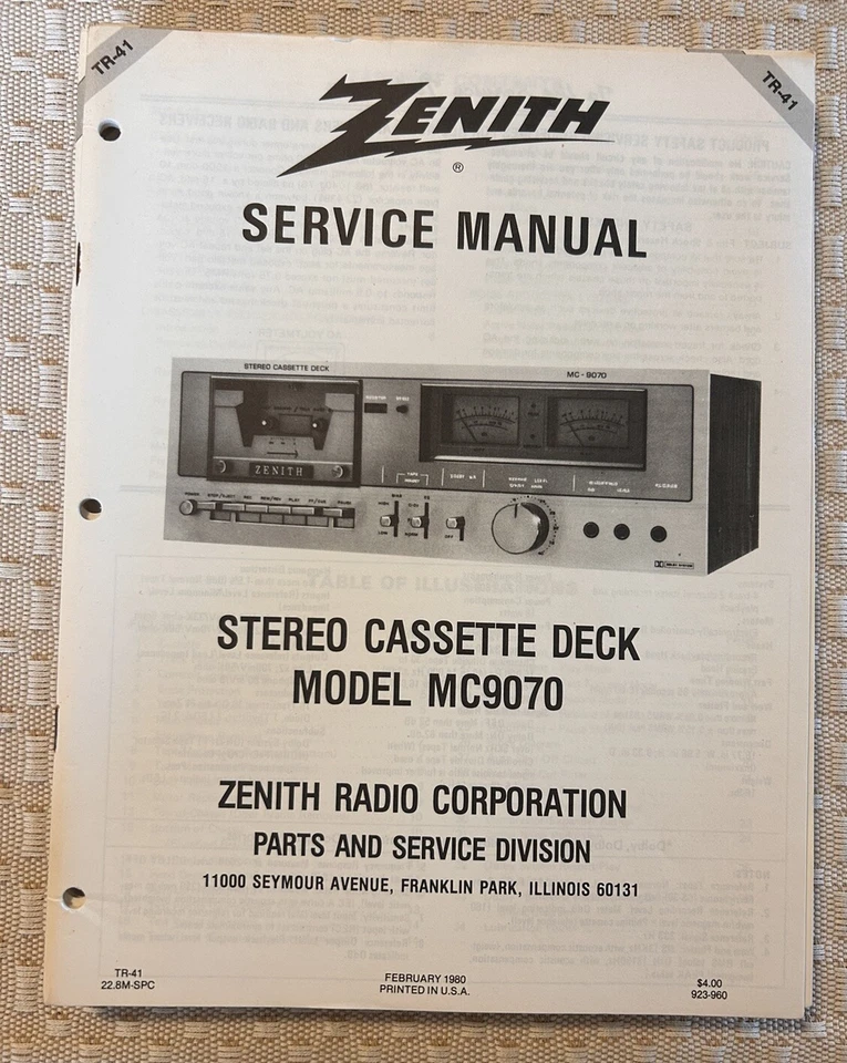 Feb/80 Zenith Model MC9070 Stereo Cassette Deck  Cassette Service  Manual - Image 1 of 1