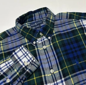 Polo Ralph Lauren Boys Cotton Twill Plaid Shirt Green Blue Yellow L 16 / 18 - Picture 1 of 7
