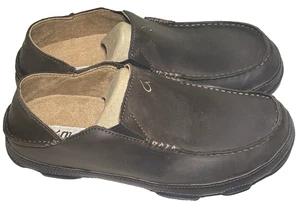 OLUKAI Mens 9 Moloa Dark Wood Java Genuine Leather Loafers Slip On Boat Shoes - Picture 1 of 15