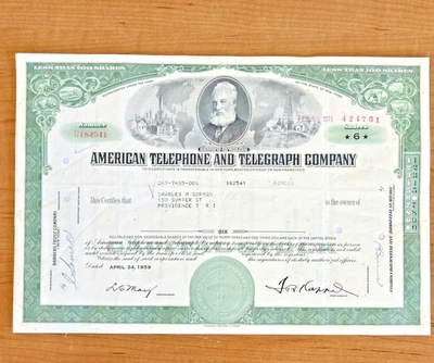 Certificado de acciones de American Telephone And Telegraph Company - 6 acciones - 1959 Foto 1 de 2