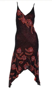 Vintage 2000s Y2K Black Sheer Silk Dress W Beads & Sequins & Red Silk Lining - Picture 1 of 18