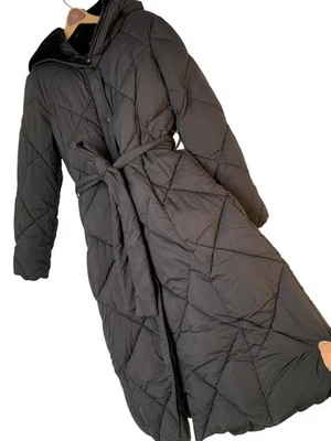 Rare Bernardo Diamond Quilt Fur Lined Long Coat Belt Large Black Hood RA10713 - Image 1 of 4