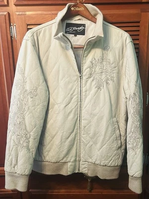Chaqueta de cuero blanca Ed Hardy para hombre L Christian Audigier corona corazón calavera Y2K Foto 1 de 4