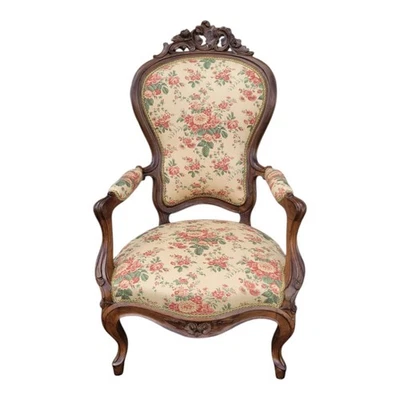 Silla lateral victoriana tallada en nogal del siglo XIX sillón antiguo tapizado floral Foto 1 de 4