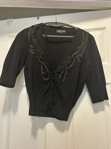 Rampage Sweater Cardigan Crop Knit black short Sleeve Ruffle Bling Button Size M - Picture 1 of 5