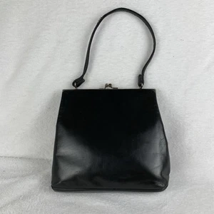 Vintage Frame Handbag Black Leather Small Size Kiss Lock Closure - Picture 1 of 11