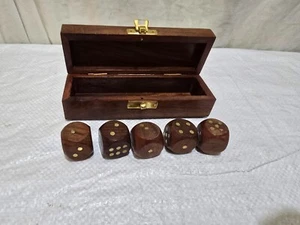 Lucky Dice 5 pc Brass Inlayed Wooden Dice in Wooden Display Storage Box +brass - Picture 1 of 17