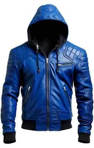 Chaquetas de moto con capucha de cuero azul hechas a mano para hombre, chaquetas de moda - Imagen 1 de 3
