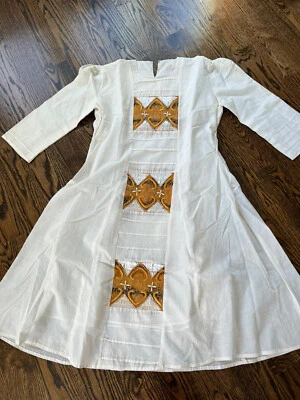 NWOT Off White with Mustard Embroidery  Cotton Midi Dress Lined Chest 42-44 - Image 1 of 4