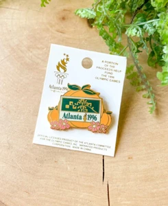 Atlanta 1996 Olympic Games Peach Pin VTG Olympics Pinback NEW NOS - Picture 1 of 3