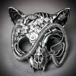 Steampunk Wild Cat Animal Skull Halloween Costume Masquerade Party Mask Silver - Picture 1 of 9