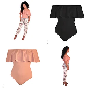 Schulterfreier Body Oberteil Damen Frauen Bardot Rüschen Leoatard - Bild 1 von 2
