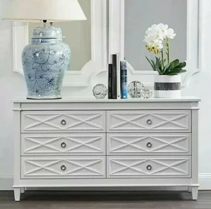 White Satin 2 Door Chest of 6 Drawers Dresser Diamond Pattern & Chrome Handles - Picture 1 of 8