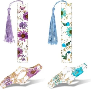 4 Pieces Dried Flower Resin Bookmarks,Transparent Floral Book Blue and Purple - Picture 1 of 8
