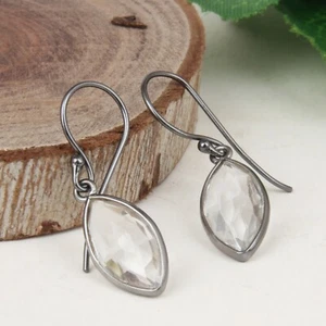 Black Rhodium 925 Silver Clear Crystal Quartz Gemstone Dangle Earrings - Picture 1 of 2