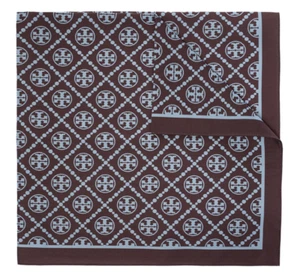 New W Tags Tory Burch Monogram logo Square Scarf Shawl Brown / Blue Mist 27x27 - Picture 1 of 4
