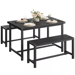 Dining Table Set w/2 Metal Wood Benches for Kitchen & Dining Room Black - Picture 1 of 10
