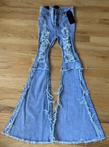 Womens Purple Candy NWT Stretch Distressed Blue Denim Bell Bottoms Size Small - Picture 1 of 7