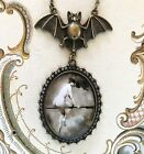 FLYING WITCH Glass Dome NECKLACE Vintage Halloween Art Nude Magical Broom Stick
