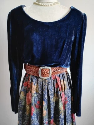 Lanz винтажный 1980-х Challis юбка платье синий бархат цветочный классический размер 8 - Изображение 1 из 4