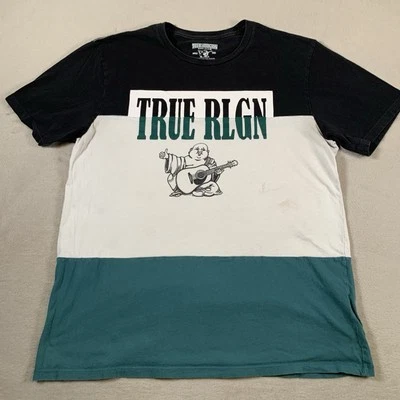 True Religion Shirt Mens XL Black Green Colorblock Short Sleeve Buddha Logo - Image 1 of 4