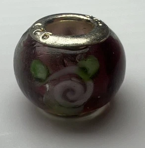 925 Sterling Silver Murano Glass Bead European Lampwork Slide Purple Pink Roses - Picture 1 of 7
