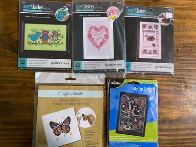 Lote de 5 kits de punto de cruz mini contados cuadrados Artiste Bucilla Crafter Foto 1 de 4