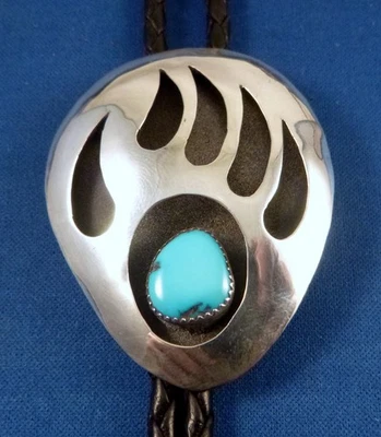 DE COLECCIÓN NAVAJO Plata de Ley Turquesa Pata de Oso BOLO CORBATA, 43" Cordón de Cuero, Puntas Foto 1 de 4