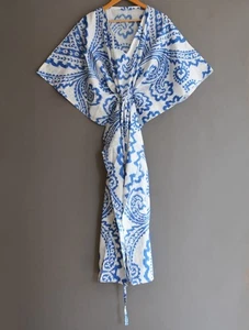 Maxi Vestido Caftán Playa Larga 100% Algodón Indio Vintage Talla Única Caftán Kimono - Imagen 1 de 8