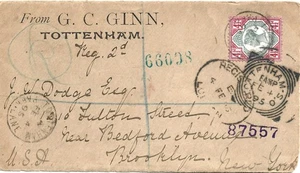 GB 1895 4.1/2d Green & Carmine Front with Tottenham CDS & Squared Circle to NY - Picture 1 of 1