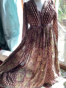 Vintage EAST Artisan Anokhi maxi dress indian block print paisley long sleeve 14 - Picture 1 of 16
