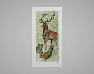 A.W. Diggelmann - Bunter Hirsch & Capercaillie Lithographiedruck - signiert 1970er - Bild 1 von 3